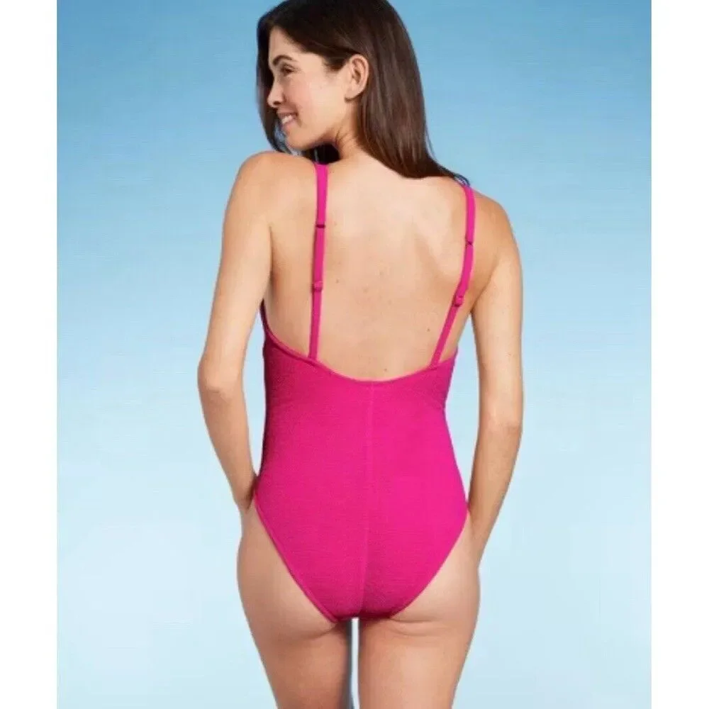 Shade & Shore Women's Pucker High Leg One Piece Swimsuit Square Neck - Picture 2 of 2